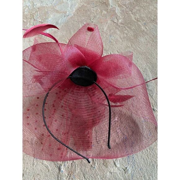 Vintage Hat Fascinator Kentucky Derby Red Rise Polkadot Sheer Headband Mesh - Picture 6 of 11